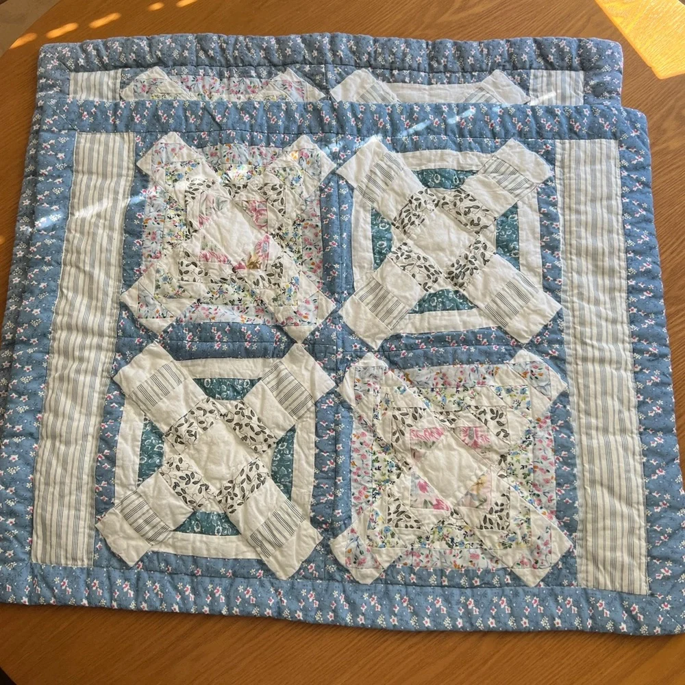 Pair floral quilted standard pillowcase shams cottagecore shabby chic blue white